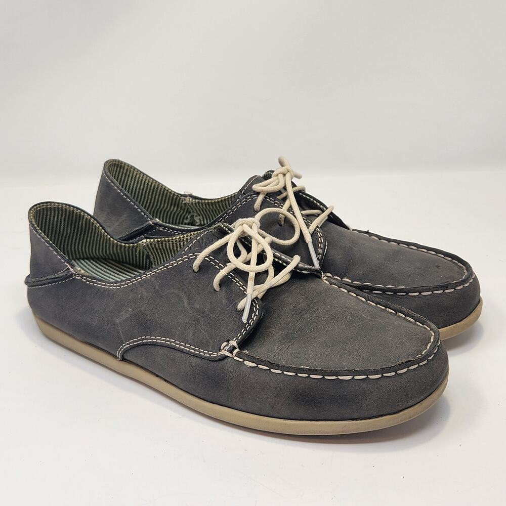 Olukai Women Heleuma Gray Leather Boat Deck Shoes Size 7 Lace Up Casual Hawaii